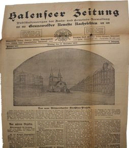 Halenseer Zeitung vom 12.11.1905: »Das neue Wilmersdorfer Kirchbau Projekt«. Das Bild zeigt die geplante Kirche am heutigen Preußenpark.