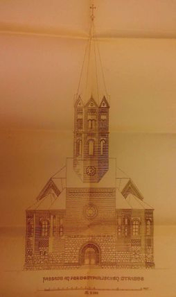 Skizze der Fassadenansicht für die neue Kirche mit Portalinschrift »Allein Gott in der Höh sei Ehr«. Die Turmkonstruktion wurde schließlich leicht verändert.