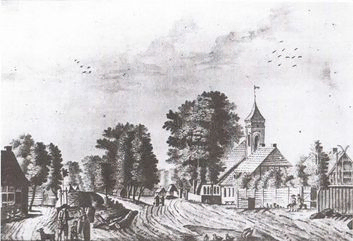 Wilmersdorf mit Kirche, anonyme Tuschzeichnung, 1797